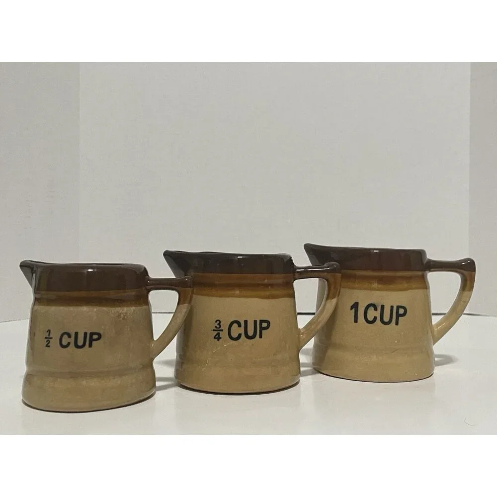 Vintage Crock Measuring Cups Set of 3 Brown Tan Glazed Ceramic